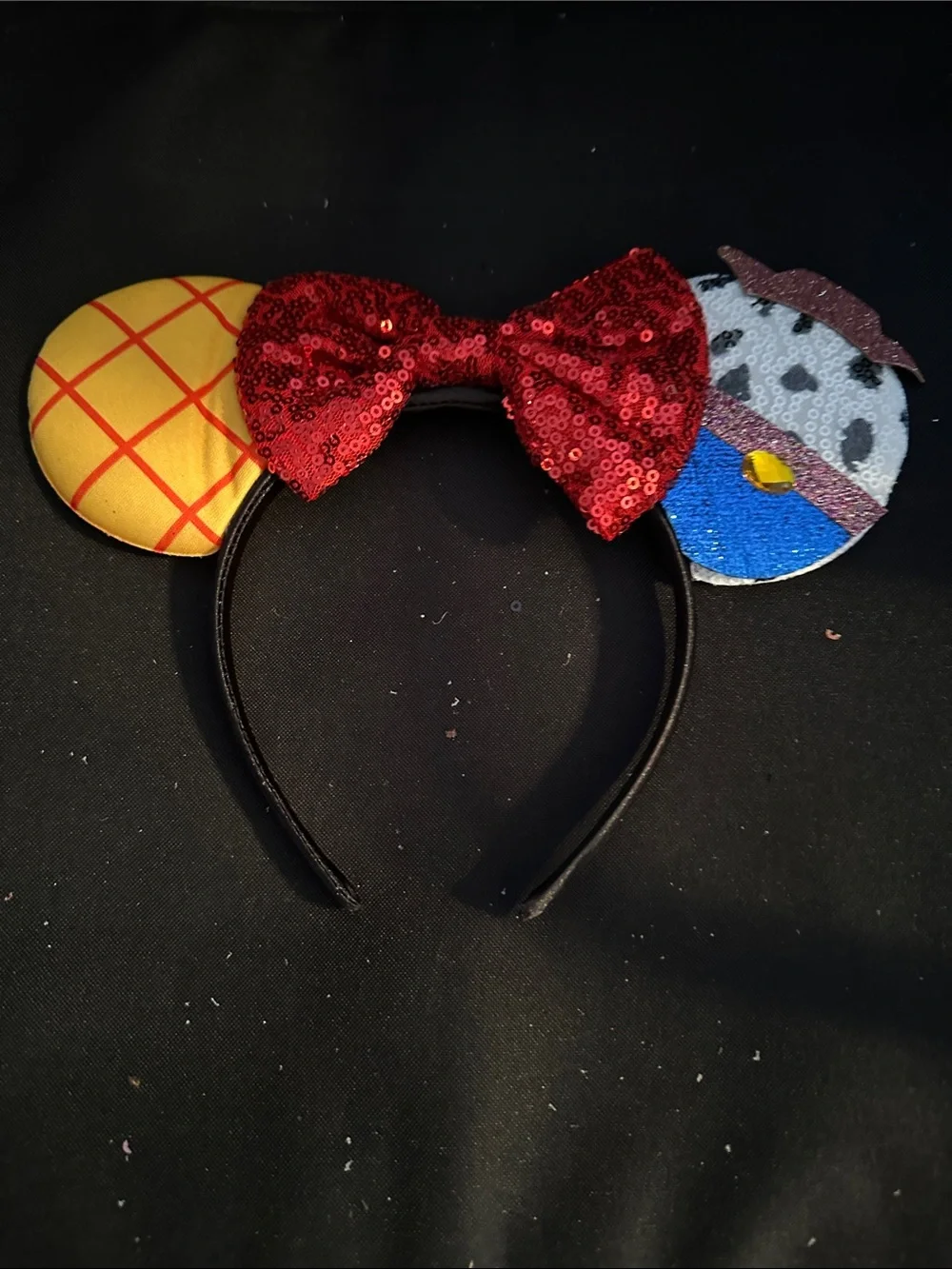 Toy Story Sequin Bow Ear Headband - Red Bow, Yellow & Blue Ears